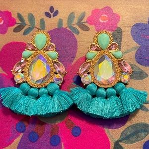 Teal and rhinestone tassel earrings